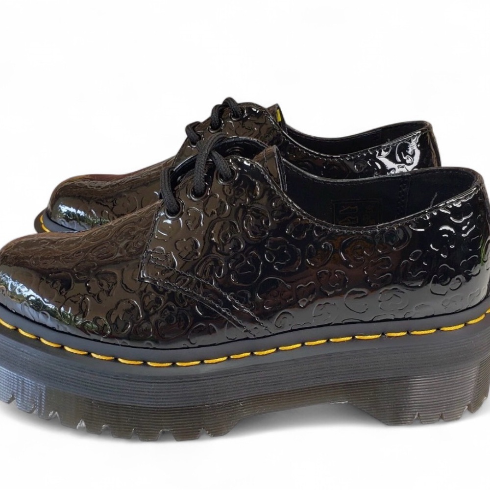 Dr. Martens black patent leather cheetah embossed platform 1461s 27136 platform